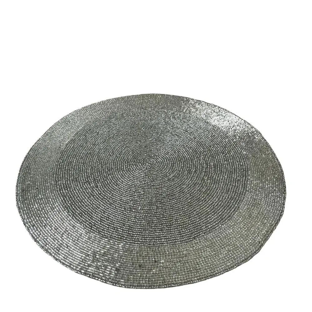 TIRAMISU Hand Beaded Placemat 15in Metallic SILVER Holiday Glam Decor New